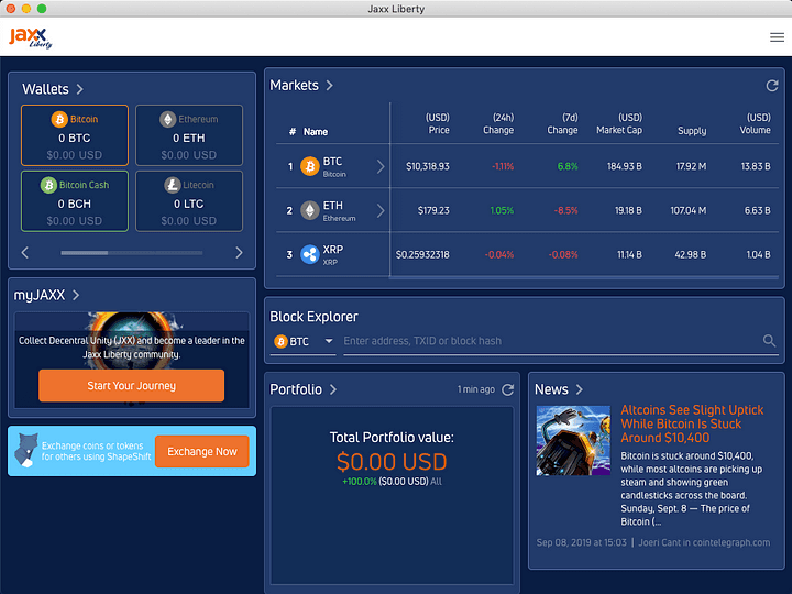 Home Screen: Jaxx, multi-currency